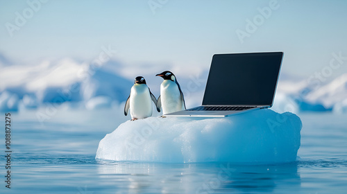Laptop perched on a floating ice block in a tranquil Arctic scene penguins curiously observing