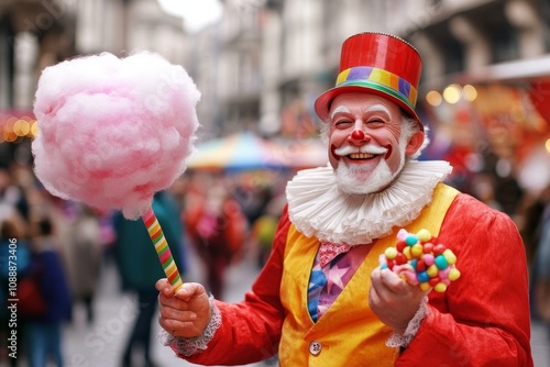 Cheerful clown with cotton candy and colorful accessories enjoys a festive day in a bustling street market photo