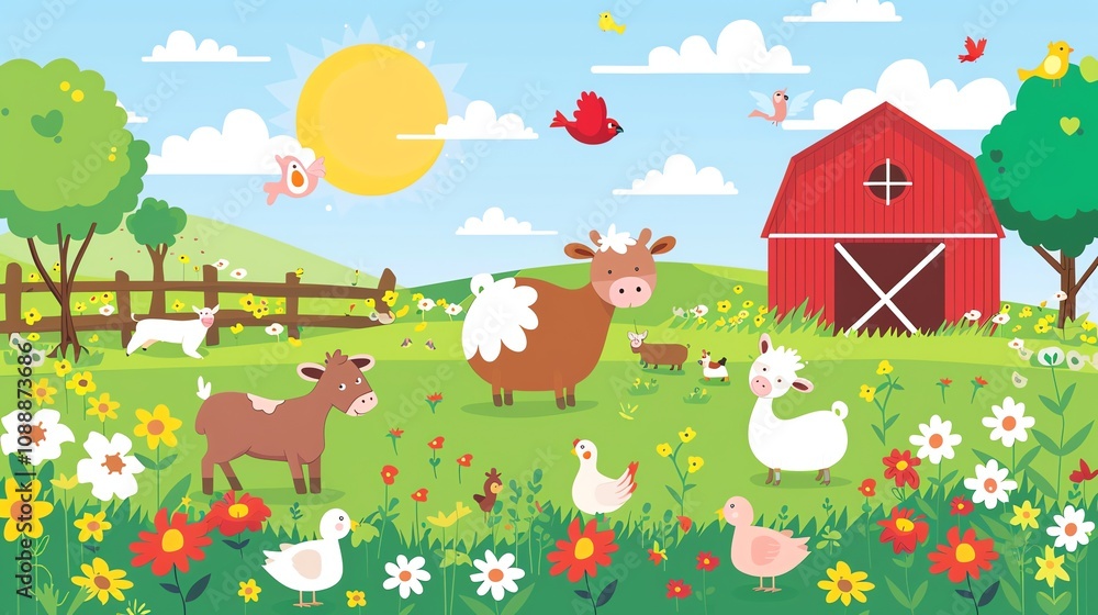 Naklejka premium A cartoon illustration of a farm with animals and a red barn.
