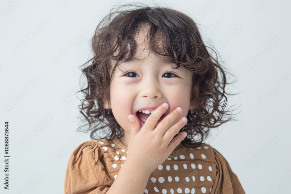 Happy child with curly hair smiling while covering mouth, wearing a brown dress with white polka dots, showcasing joy and innocence against a light background. Happy child with curly hair smiling while covering mouth, wearing a brown dress with white polka dots, showcasing joy and innocence against a light background.