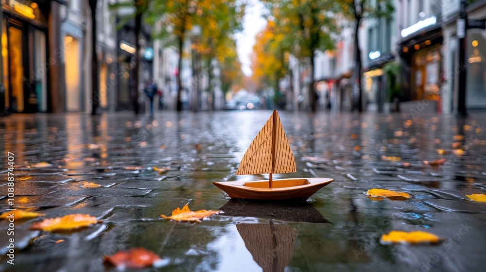 A tiny wooden sailboat, made of leaves, sits on the street on a rainy autumn day A tiny wooden sailboat, made of leaves, sits on the street on a rainy autumn day
