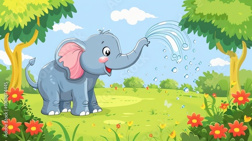 Cartoon illustration of a happy elephant spraying water from its trunk in a field of flowers. photo