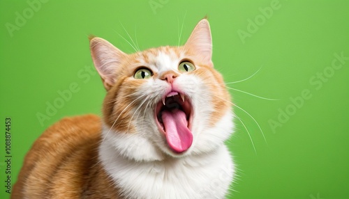 Playful cat with tongue out on vibrant green background