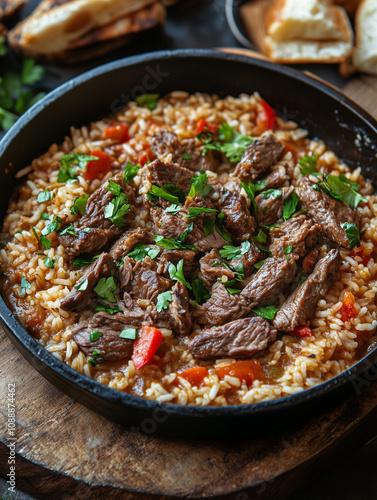 Brazilian arroz carreteiro with tender beef, rice, and fresh herbs