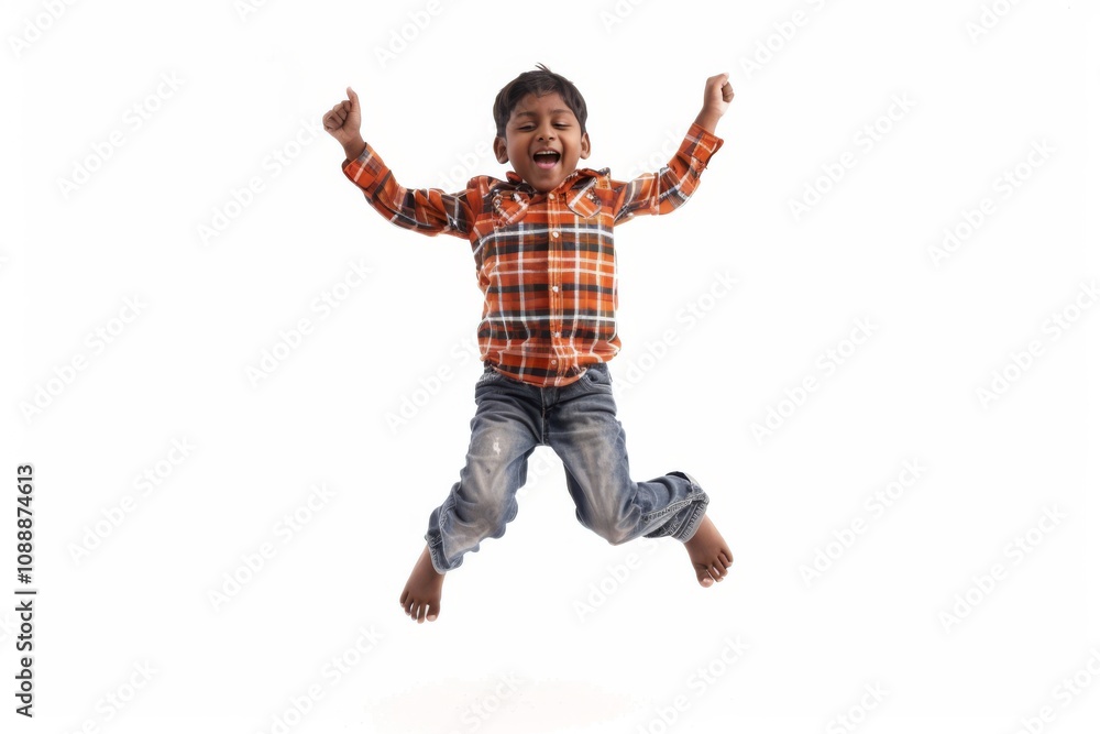 Joyful young boy jumping in excitement with a bright smile, wearing a plaid shirt and denim jeans, showcasing pure happiness in a vibrant atmosphere against a white background. Joyful young boy jumping in excitement with a bright smile, wearing a plaid shirt and denim jeans, showcasing pure happiness in a vibrant atmosphere against a white background.