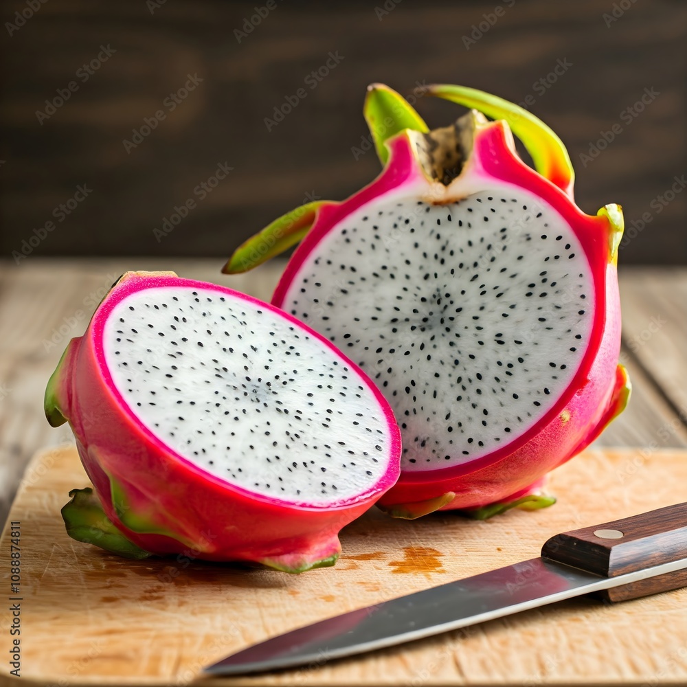 Dragon Fruit slices, Freshly Sliced Dragon Fruit with a Rustic Touch Dragon Fruit slices, Freshly Sliced Dragon Fruit with a Rustic Touch