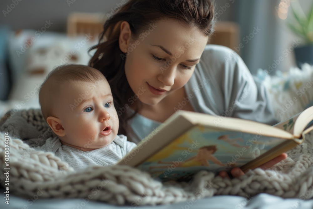 Mother and Baby Enjoying Storytime Together in Cozy Indoor Setting, Emphasizing Bonding, Learning and Imagination in a Warm Atmosphere Mother and Baby Enjoying Storytime Together in Cozy Indoor Setting, Emphasizing Bonding, Learning and Imagination in a Warm Atmosphere