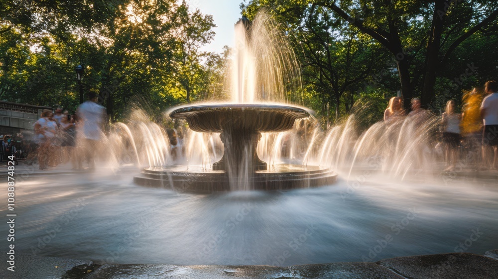 Naklejka premium City park fountain with people.