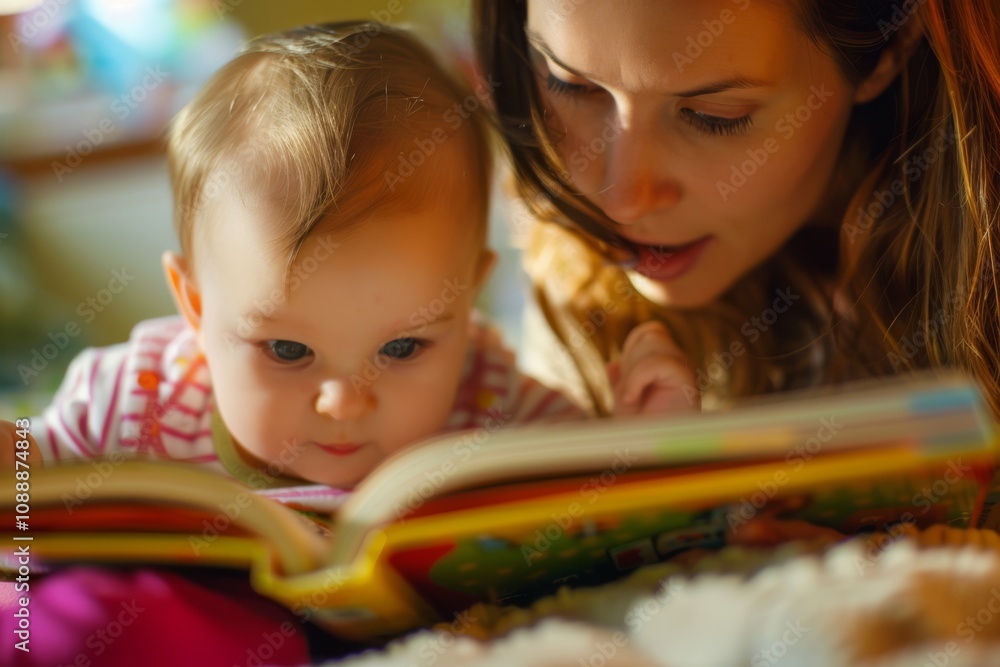Mother Engaging with Baby During Storytime in a Cozy Indoor Setting, Promoting Bonding and Early Learning Through Reading Together Mother Engaging with Baby During Storytime in a Cozy Indoor Setting, Promoting Bonding and Early Learning Through Reading Together