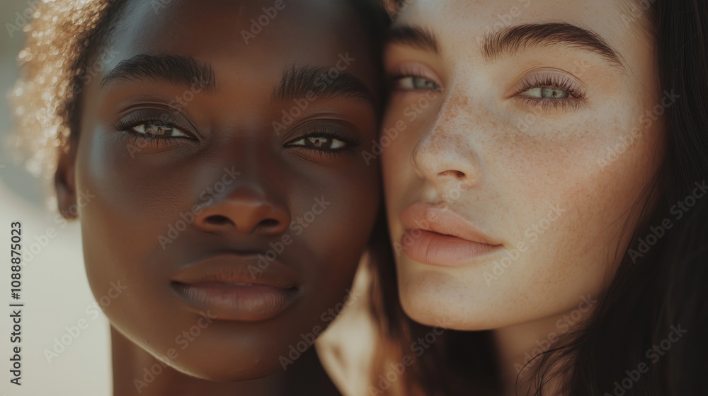 Two women share a beautiful moment, highlighting their distinct features and expressions. Soft natural light enhances their diversity, creating an atmosphere of harmony and connection. Two women share a beautiful moment, highlighting their distinct features and expressions. Soft natural light enhances their diversity, creating an atmosphere of harmony and connection.