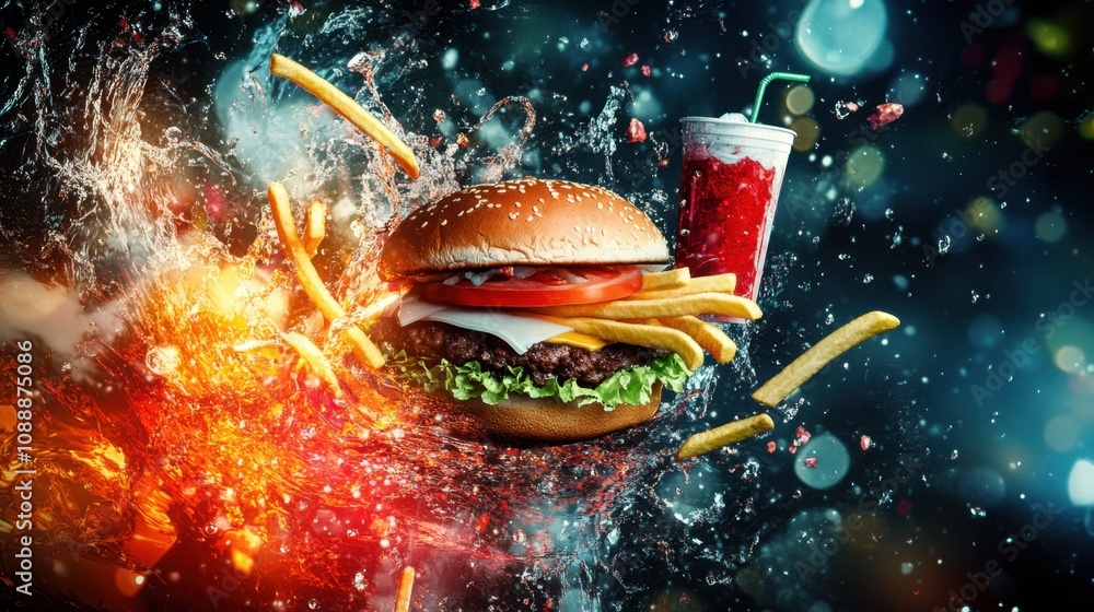 A whimsical fast food explosion of energy, with a detailed burger, fries, and drink flying through vibrant colors. A whimsical fast food explosion of energy, with a detailed burger, fries, and drink flying through vibrant colors.