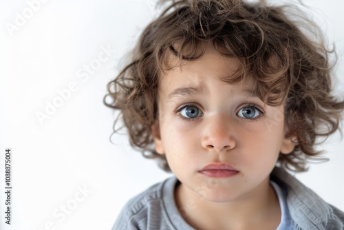 Portrait of a Young Boy with Curly Hair and Expressive Blue Eyes Against a Plain Background Showing Innocence and Curiosity in a Bright and Soft Setting