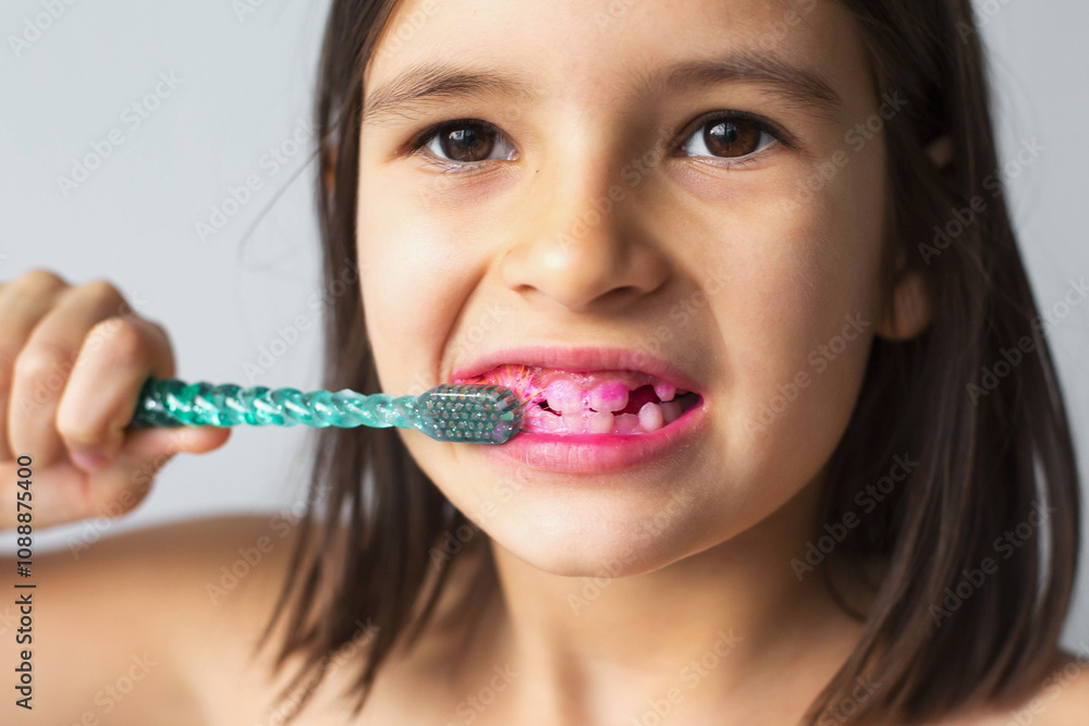 close-up portrait of 7 year old girl brushing teeth with toothbrush after applying pink solution to indicate plaque detection, concept of dental hygiene and health close-up portrait of 7 year old girl brushing teeth with toothbrush after applying pink solution to indicate plaque detection, concept of dental hygiene and health