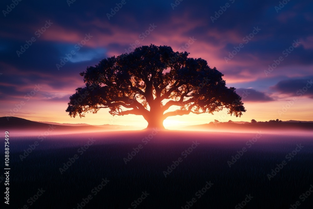 Fototapeta premium Ancient oak tree in the middle of misty field at sunrise, branches spreading wide, a mystical and peaceful aura