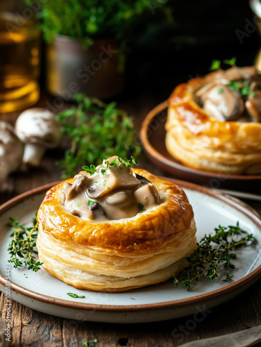 French vol-au-vent pastry filled with creamy chicken and mushrooms