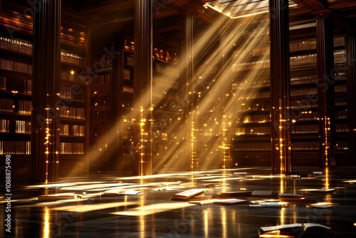 Ancient library with tall wooden shelves, dusty golden light streaming in, open books scattered, vintage and mysterious setting