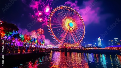 Vibrant Ferris wheel with colorful fireworks lighting up the night sky during a festive carnival celebration