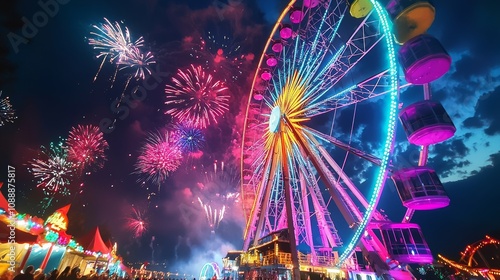 Vibrant Ferris wheel with colorful fireworks lighting up the night sky during a festive carnival celebration