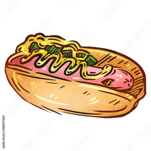 Delicious hot dog with mustard and relish in a soft bun prepared for a summer picnic gathering