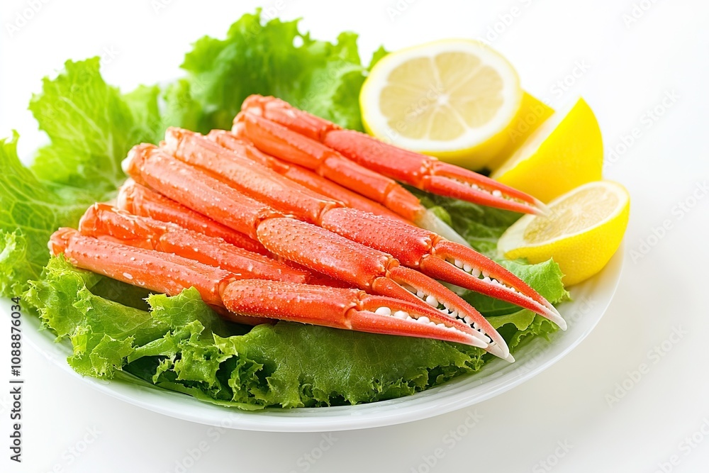Crab sticks with lettuce leaves and lemon on plate isolated on white Crab sticks with lettuce leaves and lemon on plate isolated on white