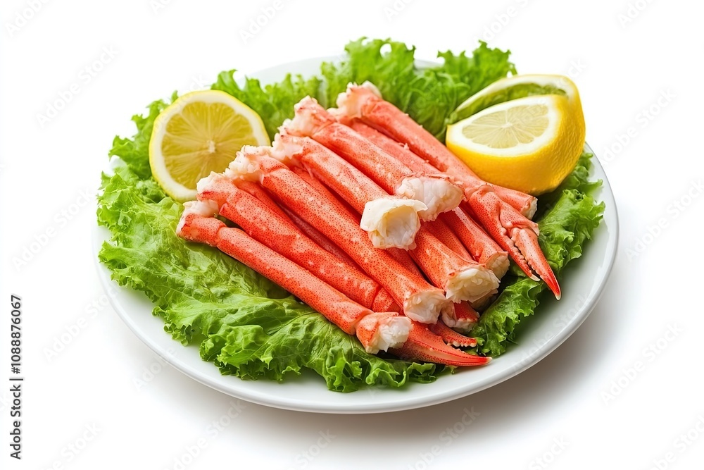 Crab sticks with lettuce leaves and lemon on plate isolated on white Crab sticks with lettuce leaves and lemon on plate isolated on white