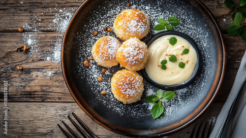 High-angle view of papanasi with a garnish of powdered sugar photo