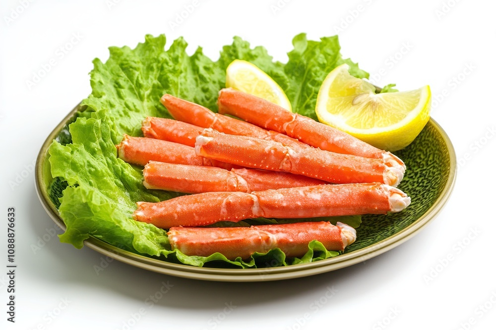 Crab sticks with lettuce leaves and lemon on plate isolated on white Crab sticks with lettuce leaves and lemon on plate isolated on white
