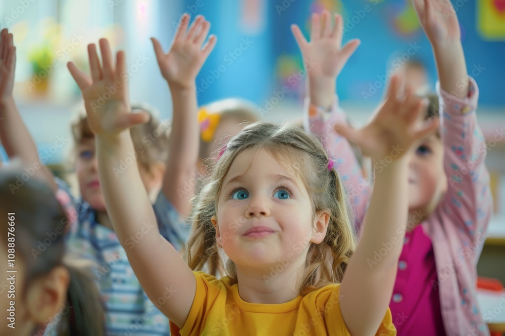 Young Students Eagerly Raising Hands in Classroom, Demonstrating Enthusiasm for Learning and Participation in Educational Activities Young Students Eagerly Raising Hands in Classroom, Demonstrating Enthusiasm for Learning and Participation in Educational Activities