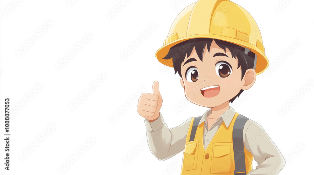 Happy boy in construction attire gives thumbs up while wearing safety helmet Happy boy in construction attire gives thumbs up while wearing safety helmet