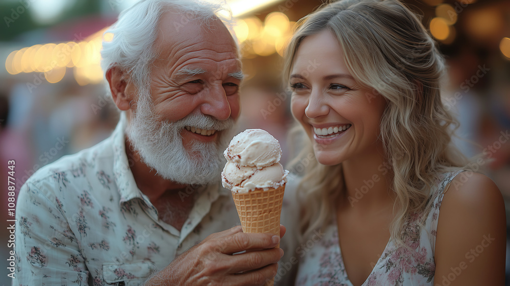 Enjoying ice cream together during a summer evening at a lively outdoor market with lights and laughter. Generative AI