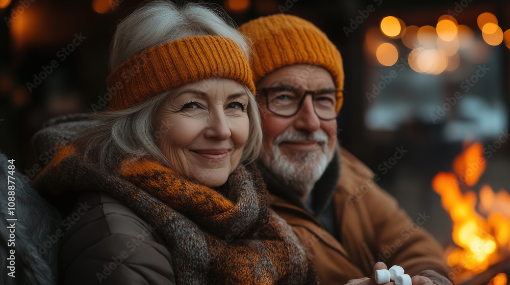 Cozy elderly couple enjoying a warm evening by the fire in a winter setting with soft lights in the background. Generative AI Cozy elderly couple enjoying a warm evening by the fire in a winter setting with soft lights in the background. Generative AI