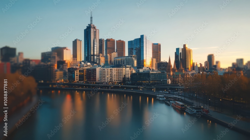Fototapeta premium Cityscape at dawn, river reflection.