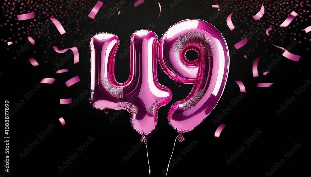 Fototapeta premium Pink birthday / anniversary balloon, number 49, black background with confetti