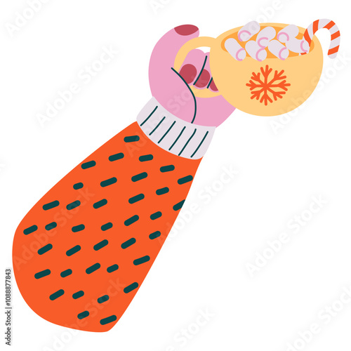 Vector Illustration of a Cozy Winter Mug with Marshmallows and Candy Cane - A hand holding a yellow mug decorated with a snowflake, filled with marshmallows and a candy cane