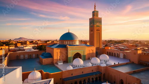 Majestic Aerial View of Koutoubia Mosque in Marrakech at Sunrise, Capturing Iconic Landmark and Cultural Significance. photo