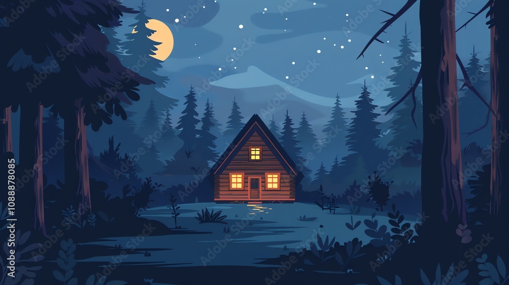 Fototapeta premium A cabin with lit windows in a dark forest at night.