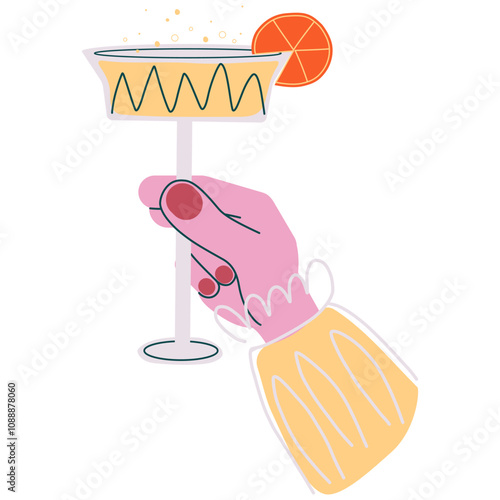 Cocktail Glass in Hand - Vector illustration of a hand holding a festive cocktail glass with an orange garnish
