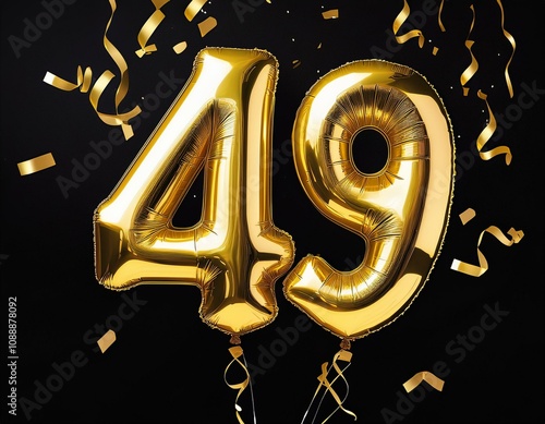 Gold birthday / anniversary balloon, number 49, black background with confetti photo