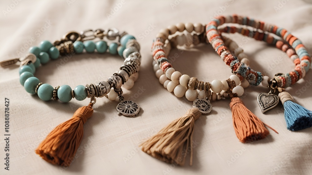 Handmade bracelets with tassels and decorative beads, stylish and unique accessories on a soft fabric background Handmade bracelets with tassels and decorative beads, stylish and unique accessories on a soft fabric background