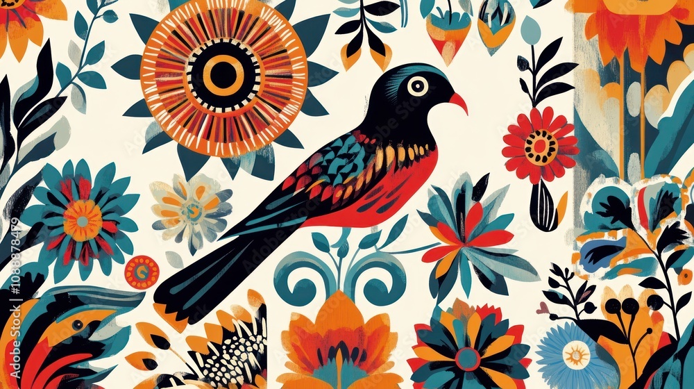 Folk art traditions, reflecting cultural stories and techniques in colorful designs Folk art traditions, reflecting cultural stories and techniques in colorful designs