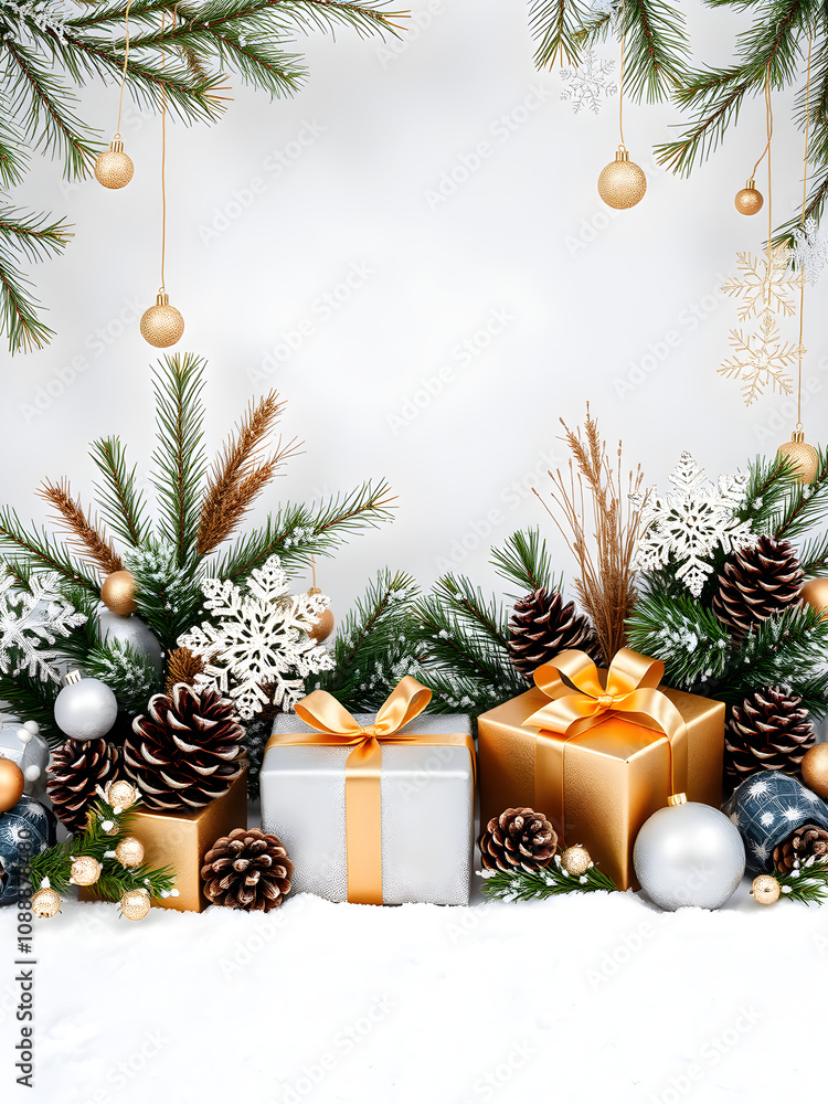 Christmas background with ornaments, pine cones, presents. Christmas background Christmas background with ornaments, pine cones, presents. Christmas background
