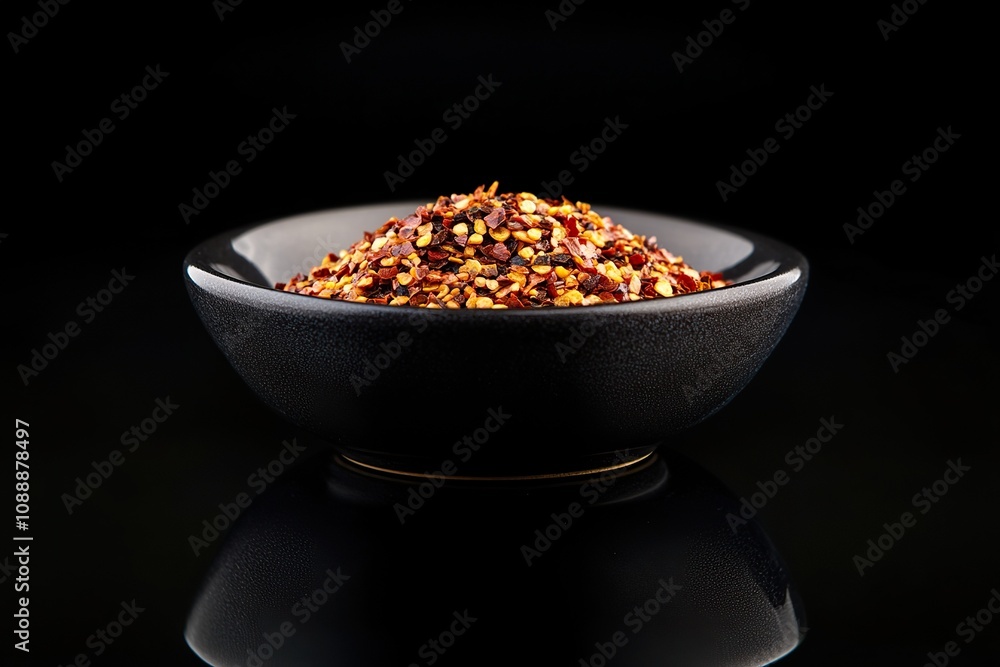 Dry chili pepper flakes in a small ceramic bowl on a black reflective background. Red pepper flakes pour in black bowl. Copy space Dry chili pepper flakes in a small ceramic bowl on a black reflective background. Red pepper flakes pour in black bowl. Copy space
