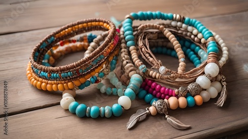 Colorful handmade bracelets with beads and feathers, bohemian style on a rustic wooden surface