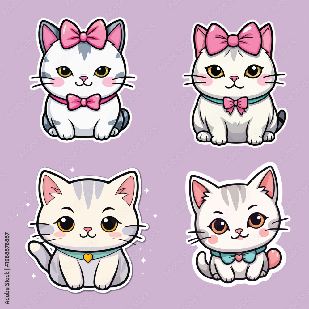 stickers with funny and cute cats. Vector collection sticker of funny cats on pink isolated background stickers with funny and cute cats. Vector collection sticker of funny cats on pink isolated background