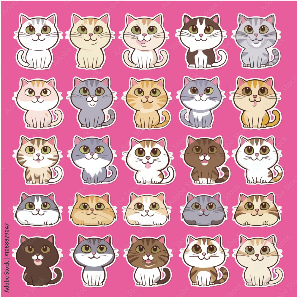 Obraz premium stickers with funny and cute cats. Vector collection sticker of funny cats on pink isolated background