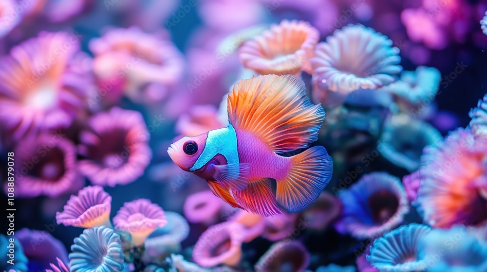 A vibrant underwater scene featuring a colorful fish among coral formations. A vibrant underwater scene featuring a colorful fish among coral formations.