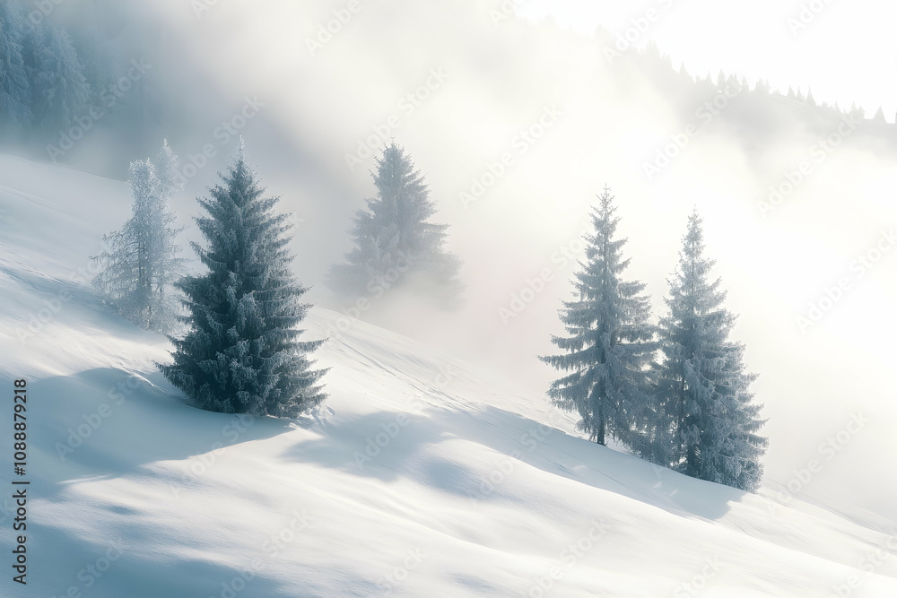 Frost-Covered Trees In A Quiet Winter Wonderland With Soft Light And Rolling Snowy Hills During A Cold Winter Morning. Generative AI Frost-Covered Trees In A Quiet Winter Wonderland With Soft Light And Rolling Snowy Hills During A Cold Winter Morning. Generative AI