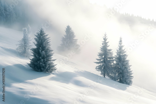 Frost-Covered Trees In A Quiet Winter Wonderland With Soft Light And Rolling Snowy Hills During A Cold Winter Morning. Generative AI