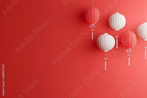 Chinese Lanterns Flying on a Plain Red Background – A Festive and Vibrant Image Representing Celebration, Tradition, and Good Fortune photo