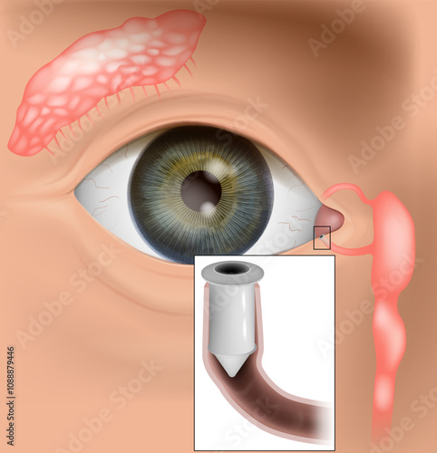 Punctal Occlusion Therapy. Punctal Plugs for Treatment of dry eye syndrome. Illustration of eye. 